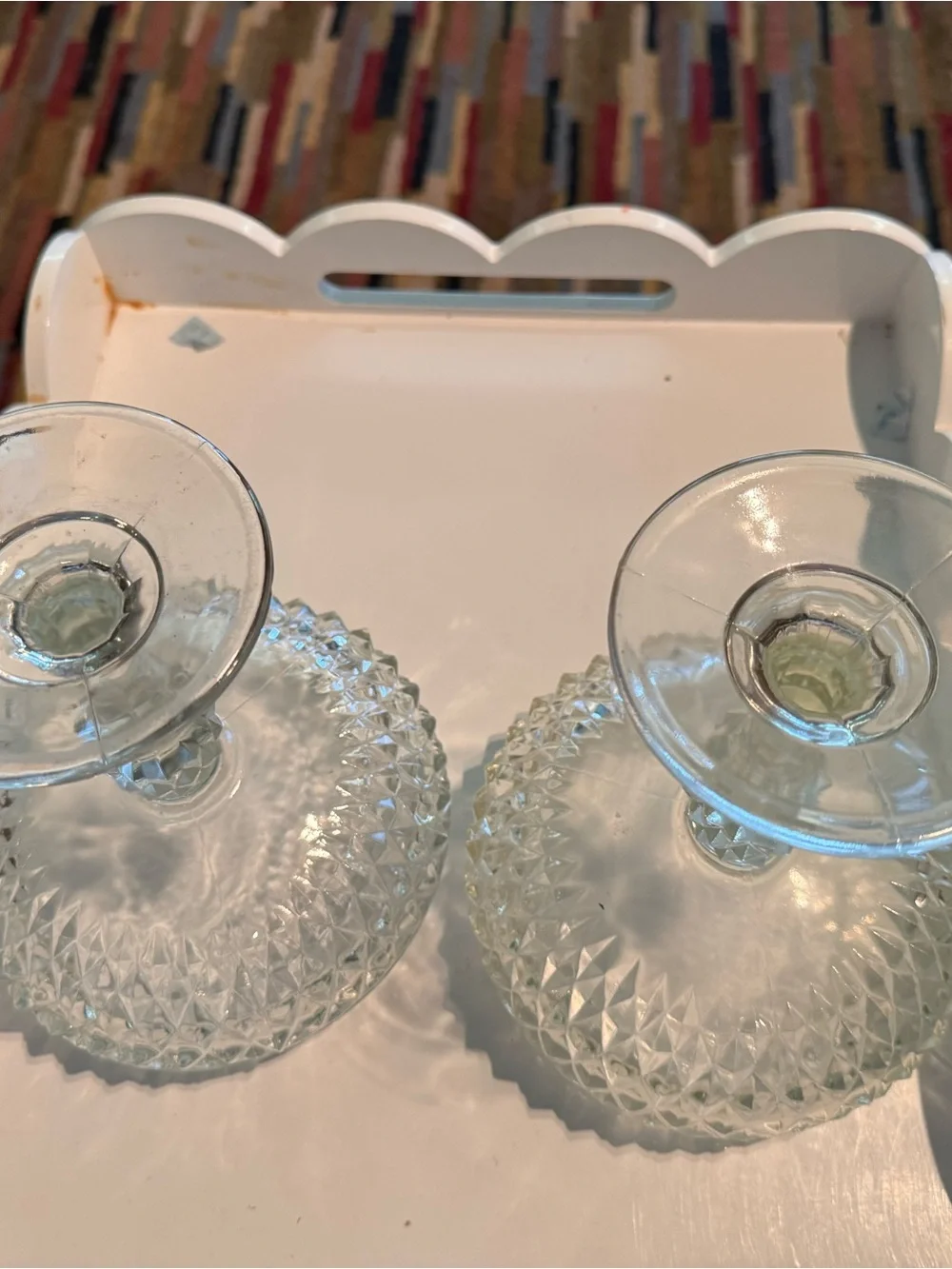 Pair Of Indiana Glass Diamond Point Clear Compote Bowl Candy Trinket Dish
